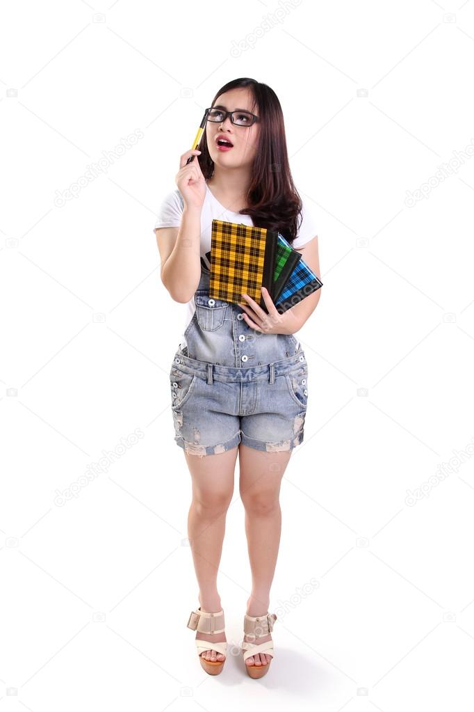 Confused geeky girl, full body isolated