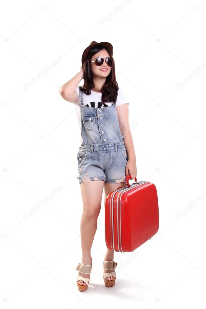 Fashionable woman on vacation, full body isolated