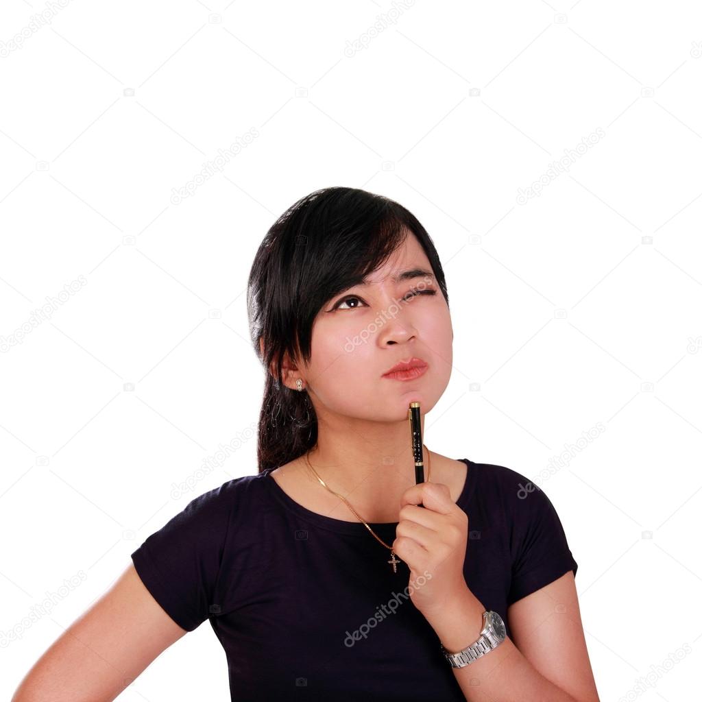 Insightful woman looking at the top isolated