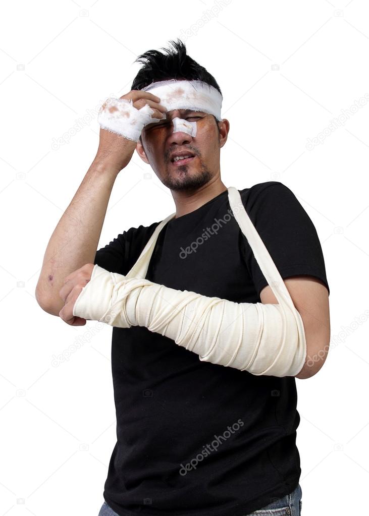 Man in bandage and gypsum groaning isolated
