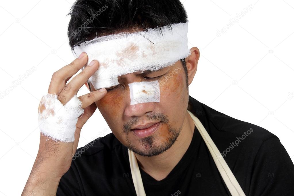 Closeup of man feels pain on his head isolated