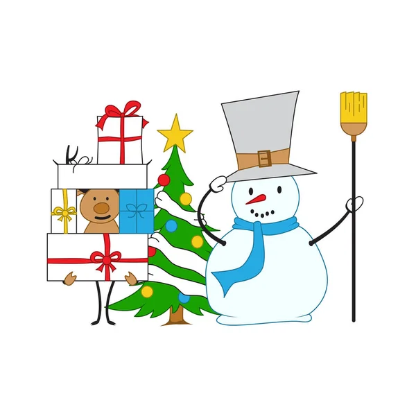 Ciervo Navidad Muñeco Nieve Felicitaciones Por Las Vacaciones Personajes Cuento — Vector de stock