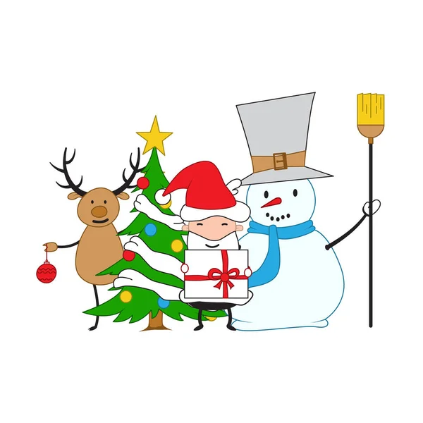 クリスマス鹿 雪だるま サンタクロースのグループ おとぎ話の登場人物 明けましておめでとうございます ベクターイラスト — ストックベクタ