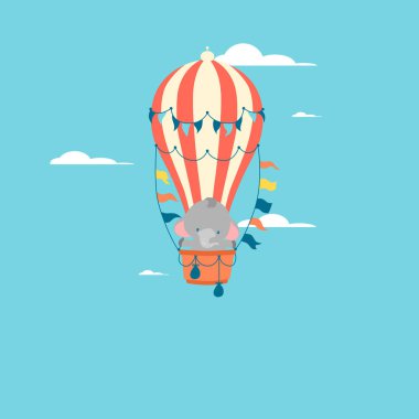 İçinde küçük fil vektör baskıları, çocuklar ve bebek tişörtleri olan bir poster. Gökyüzünde uçan fil balonu.
