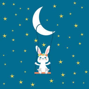 Geceleri salıncakta sallanan küçük bir tavşan, çocuklar ve bebek tişörtleri ve giydikleri posterler. Tavşan suda yıkanır..