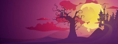 Cadılar Bayramı dikey arka planı, bir baykuş, perili bir ev ve dolunay. Cadılar Bayramı partisi için el ilanı ya da davetiye şablonu.