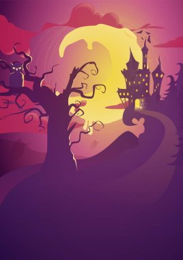 Cadılar Bayramı dikey arka planı, bir baykuş, perili bir ev ve dolunay. Cadılar Bayramı partisi için el ilanı ya da davetiye şablonu.