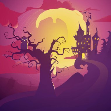 Cadılar Bayramı dikey arka planı, bir baykuş, perili bir ev ve dolunay. Cadılar Bayramı partisi için el ilanı ya da davetiye şablonu.