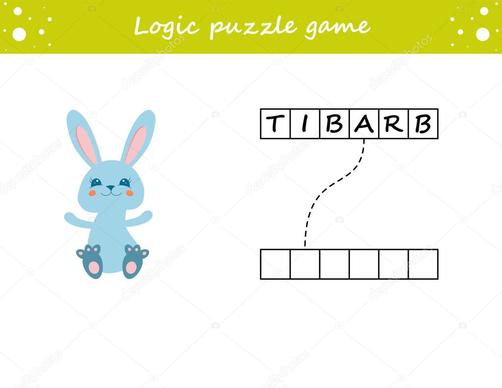 Logic puzzle game. Learning words for kids. Find the hidden name. Activity page for study English. Game for children. Vector illustration. Cartoon style.
