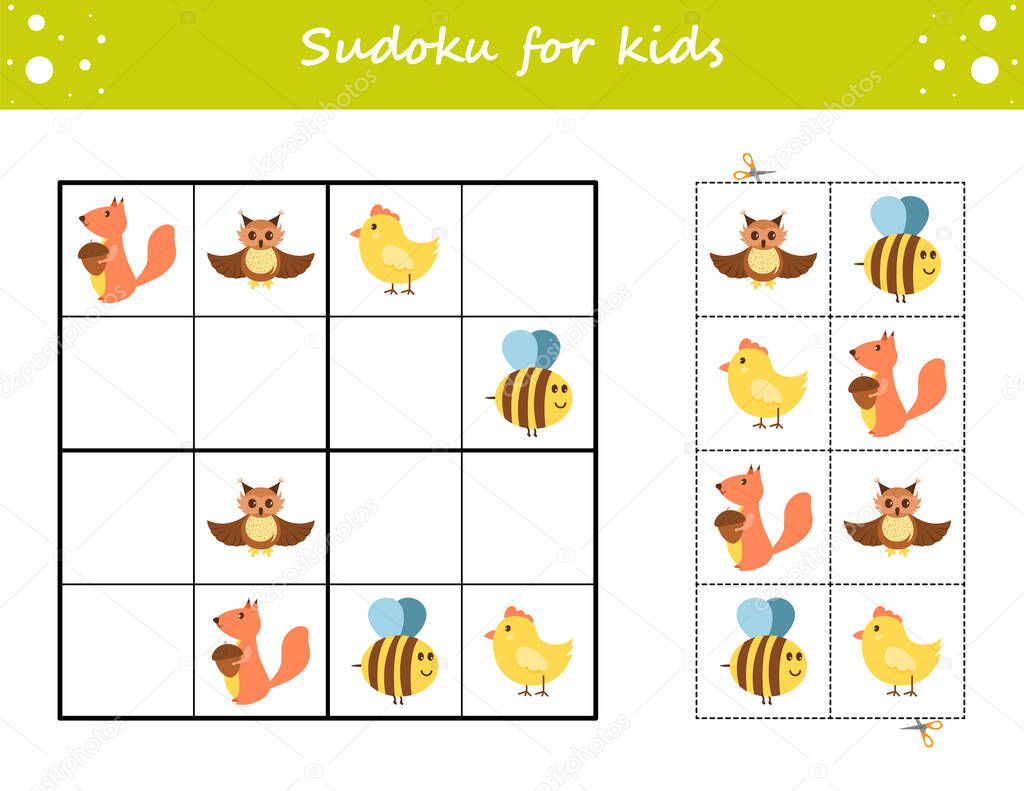 Sudoku for kids. Education developing worksheet. Activity page with pictures. Puzzle game for children. Set animals.