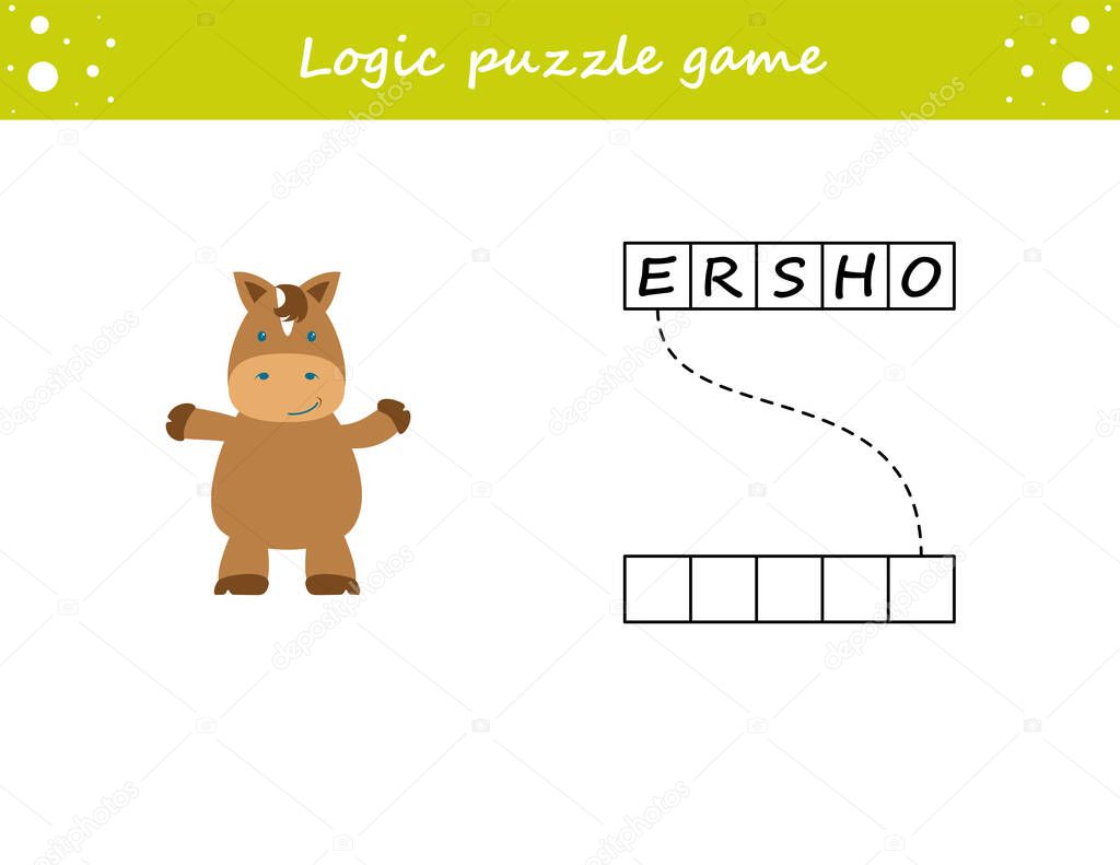 Logic puzzle game. Learning words for kids. Find the hidden name. Activity page for study English. Game for children. Vector illustration. Cartoon style.