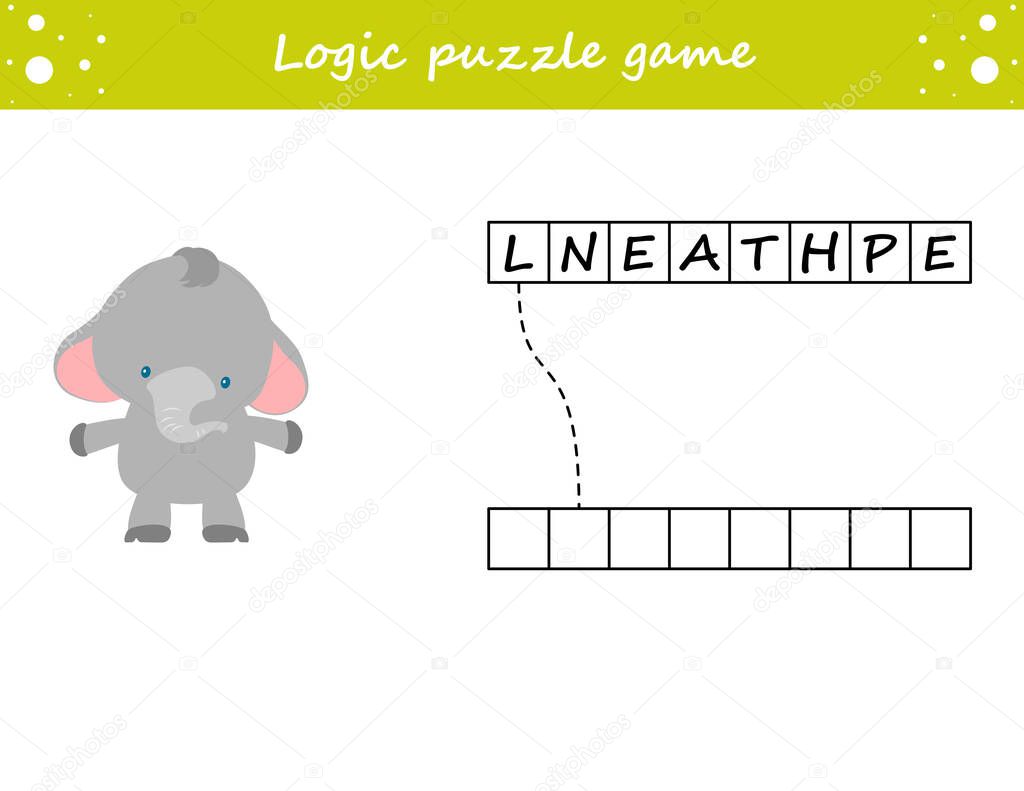 Logic puzzle game. Learning words for kids. Find the hidden name. Activity page for study English. Game for children. Vector illustration.