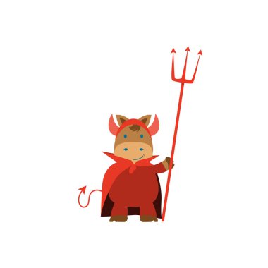 Cadılar Bayramı kostümü giymiş at. Cadılar Bayramı bayrağınız kutlu olsun, Tatil, Dekorasyon Dehşet Partisi. Çizgi filmdeki sevimli canavarlara gizlenmiş hayvanlar. Düz Vektör İllüstrasyonu.