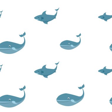 Balina ve köpekbalığı deniz yaşamında kusursuz desen. Tekstil deseni, hediye ambalajı.