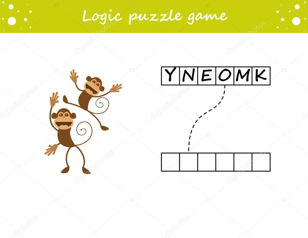 Logic puzzle game. Learning words monkey in english. Find the hidden name. Activity page for study English. Game for children.