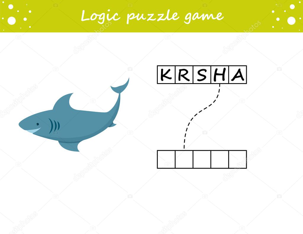 Logic puzzle game. Learning words shark in english. Find the hidden name. Activity page for study English. Game for children.