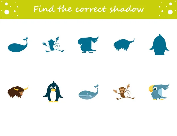 Найдите Правильную Тень Пингвина Яка Попугая Обезьяны Кита Образовательный Лист — стоковый вектор