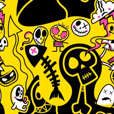 Renkli tasarım çeşitli karikatür iskeletleri, kafatasları ve parlak sarı arka planda hayalet karakterler sergiliyor. Oyuncu sanat tuhaf bir dokunuşla ürkütücü elementleri harmanlıyor..