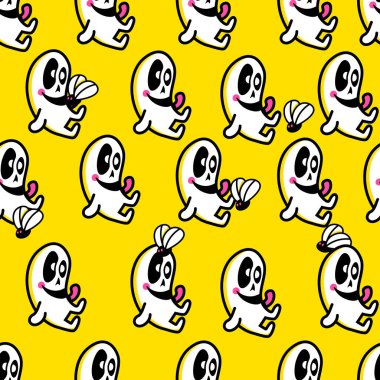 Neşeli bir desen çizgi film hayaletlerinin neşeli sarı bir zemin üzerinde şeker tutmasını içeriyor. Tasarım eğlenceli ve göz alıcı, eğlence temalı eşyalar için mükemmel..
