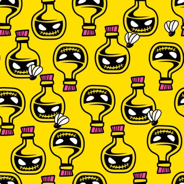 Bu canlı tasarım, her birinin eşsiz yüzleri ve renkli kapakları olan, parlak sarı bir zemin üzerine kurulmuş, tuhaf çizgi film iksiri şişelerini içerir. Eğlenceli unsurlar tuhaf bir atmosfer yaratıyor..