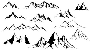 Dağ siluetleri. Logolar, açık hava markaları, posterler, rozetler, çıkartmalar ve macera tasarımı için minimalist siyah ve beyaz sıra dağ zirveleri.