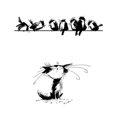 Bir grup küçük kuş yukarıda bir çizgi üzerinde otururken meraklı bir kedi yukarı bakar, etkileşim umuduyla. Bu neşeli sahne, vahşi hayatın mizahi bir karşılaşmasını yakalıyor..