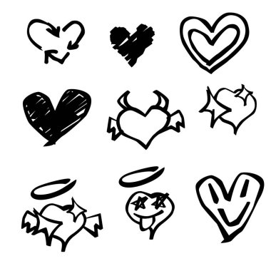 Çeşitli şekillerde elle çizilmiş kalp karalamaları koleksiyonu. Çıkartmalar, baskılar, sosyal medya grafikleri, sevgililer günü tasarımları ve eğlenceli romantik sanatlar için mükemmel..