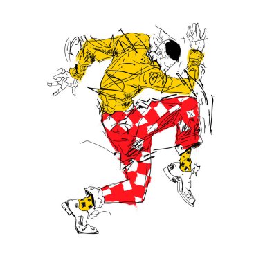 Dinamik pozisyondaki bir dansçının etkileyici vektör çizimi. Kalın renkler, yarım yamalak mürekkep çizgileri ve enerjik sokak tarzı hareket.