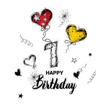 Kalp balonları, karalama yıldızları, anlamlı çizgiler ve çizim elementleriyle el çizimi birinci yaş günü illüstrasyonu. Doğum günü kartları, posterler, davetiyeler ve çocuklar için sanatsal tasarım mükemmel..