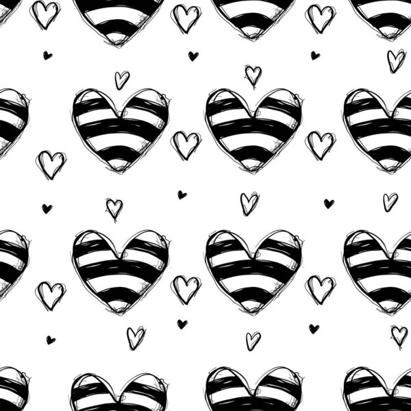 Hearts with black stripes are arranged in a repeating pattern. Smaller hearts also appear in between the larger hearts. The design is on a plain white background.