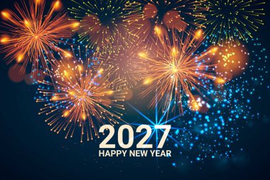 2027 Yeni Yıl vektör tasarımları koleksiyonu. Karanlık arka planda canlı havai fişekler ve minimalist kırmızı geometrik posterler içeriyor. Bayram kartları, afişler ve etkinlik davetiyeleri için mükemmel..