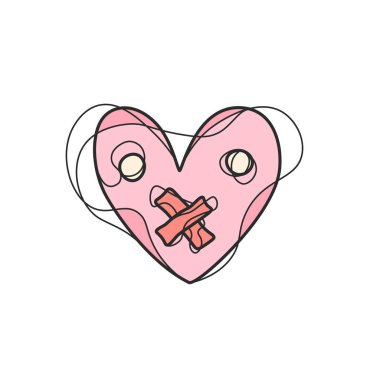 İyileşmeyi ve duygusal iyileşmeyi sembolize eden yamayla etkileyici bir el çizimi. Aşk, incinebilirlik ve kendine bakmayla ilgili soyut modern çizgi sanatı.