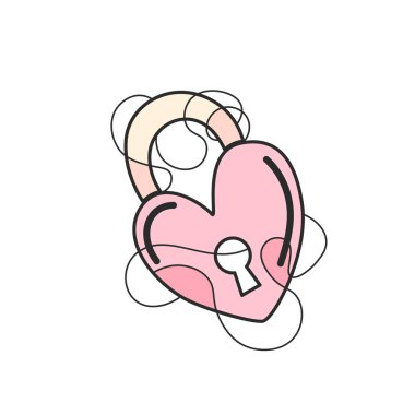 Modern karalama tarzında asma kilitli elle çizilmiş kalp. Güven, koruma ve kapalı duyguların sembolü. Aşk kavramları, ilişkiler, güvenlik temaları ve duygusal tasarım için ideal.