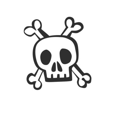 Asgari çizgi şeklinde çapraz kemikli şirin kafatası. Basit bir siyah-beyaz vektör çizimi. Çıkartmalar, simgeler, baskılar, Cadılar Bayramı, dövme ve grafik tasarımı için mükemmel.