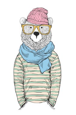 El yapımı hippi ayı gözlük, bere ve eşarp takıyor. Posterler, tişört baskıları, çıkartmalar, markalaşma ve yaratıcı tasarım tarzında moda hayvan karakteri..