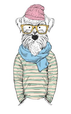 El çizimi hippi köpek karakteri gözlük, bere ve eşarp takıyor. Posterler, tişörtler, çıkartmalar, damgalar ve baskılar için eskiz tarzında moda hayvan resimleri.