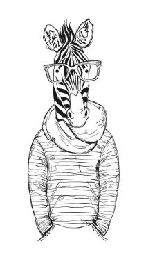 El yapımı hippi zebra gözlük ve eşarp takıyor. Günlük giysiler içinde modaya uygun bir hayvan karakteri. Tişört, poster, baskı, çıkartma, moda tasarımı için çizim biçimi vektör çizimi.