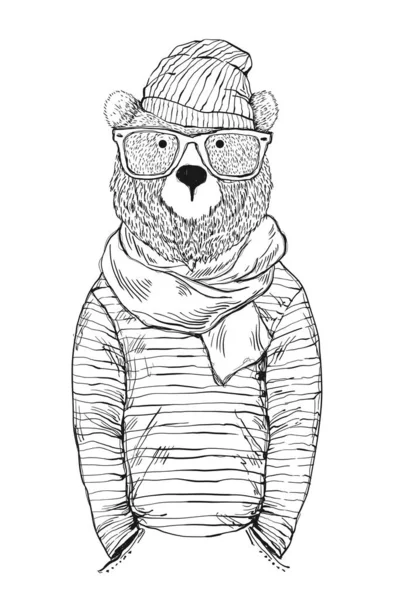 El yapımı hippi ayı gözlük, bere ve eşarp takıyor. Posterler, tişört baskıları, çıkartmalar, markalaşma ve yaratıcı tasarım tarzında moda hayvan karakteri..