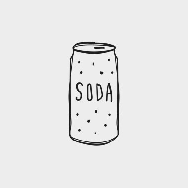 Soda sözcüğünün olduğu bir kutu arka planda sergileniyor. Tasarım köpükleri gösteriyor. Bu da köpüğü işaret ediyor. Bu kutu yemek ve atıştırmalıklar sırasında birçok evde yaygındır..