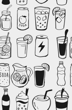 Elle çizilmiş içki ikonlarının şekli karalama tarzında. Kusursuz içecek, soda, meyve suyu, kokteyl ve limonata koleksiyonu. Kafe menüleri, ambalaj ve markalaşma için siyah çizgi vektör çizimi.