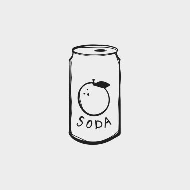 Gazoz kutusu bir portakal çizimi ve üzerinde soda yazan basit bir etiketle gösterilir. Teneke kutu beyaz bir yüzeye yerleştiriliyor. Bu, canlandırıcı bir içecek seçimi olabilir..