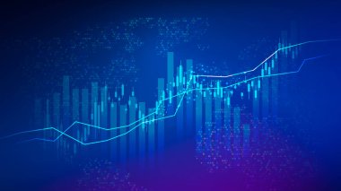 Dünya haritası, şamdan çizelgesi ve yükselen trend çizgisi olan soyut finans piyasası geçmişi. Küresel iş büyümesi, analitik, ticaret ve yatırım kavramı.