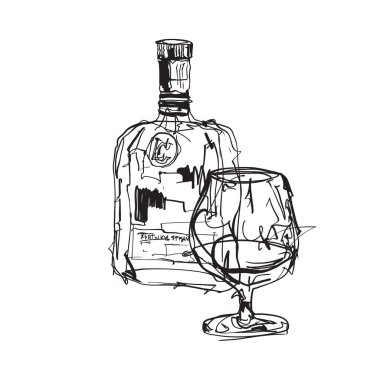 Viski şişesi ve konyak bardağının taslak çizim vektörü. Bar menüsü, alkol markası ve restoran tasarımı için siyah mürekkep karalama stili çizimi.