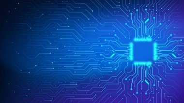 Fütürist parlak işlemci çipi koyu mavi ve mor renkli arka plan üzerinde neon devre kartı var. Dijital, teknolojik ve bilgisayar kavramları için teknoloji vektör pankartı.