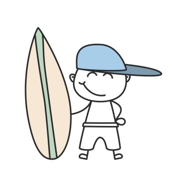 Sörf tahtası ve mavi şapkalı yakışıklı bir sörfçü çocuğun el çizimi çizimi vektörü. Yaz, sahil, spor ve tatil tasarımı için Pastel tarzı karikatür.
