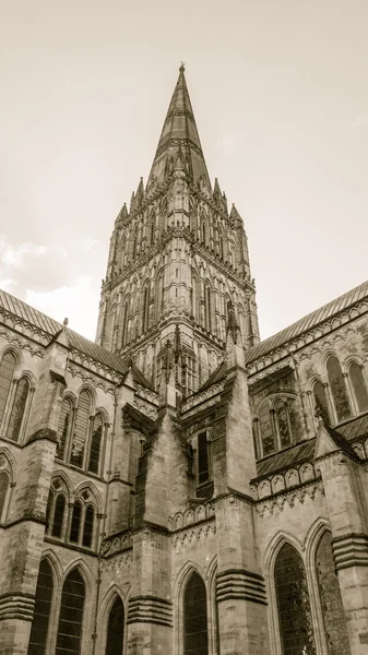 Torre de la Catedral de Salisbury Tono Sepia de ángulo bajo — Foto de Stock