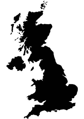 İngiltere, İskoçya, Galler ve Kuzey İrlanda 'yı kapsayan İngiltere' nin siluet haritası. Coğrafi kavramlar için basit siyah beyaz tasarım