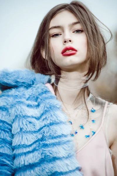 Fashion woman model portrait blue fur coat — Stock Photo, Image