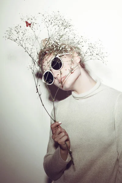 Fashion woman portrait. Sunglasses Hippi hair flowers on face — Stock Photo, Image