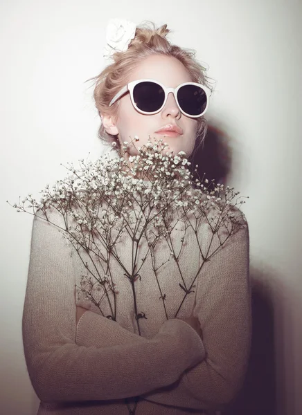 Fashion woman portrait. Sunglasses Hippi hair flowers on face — Stock Photo, Image